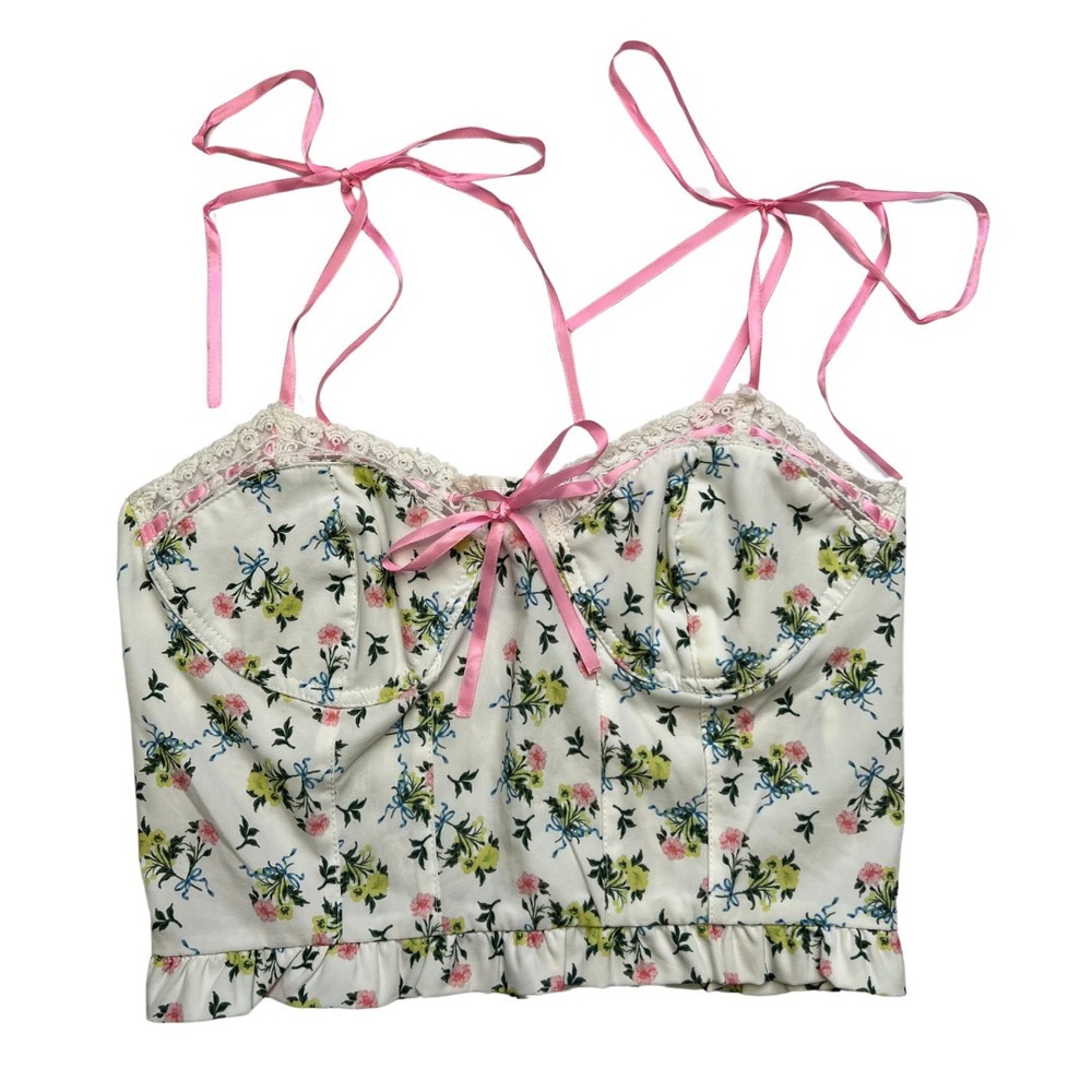 CIDER Floral Corset Top Small Tie Strap Lace Trim Cottagecore‎ Tank Camisole